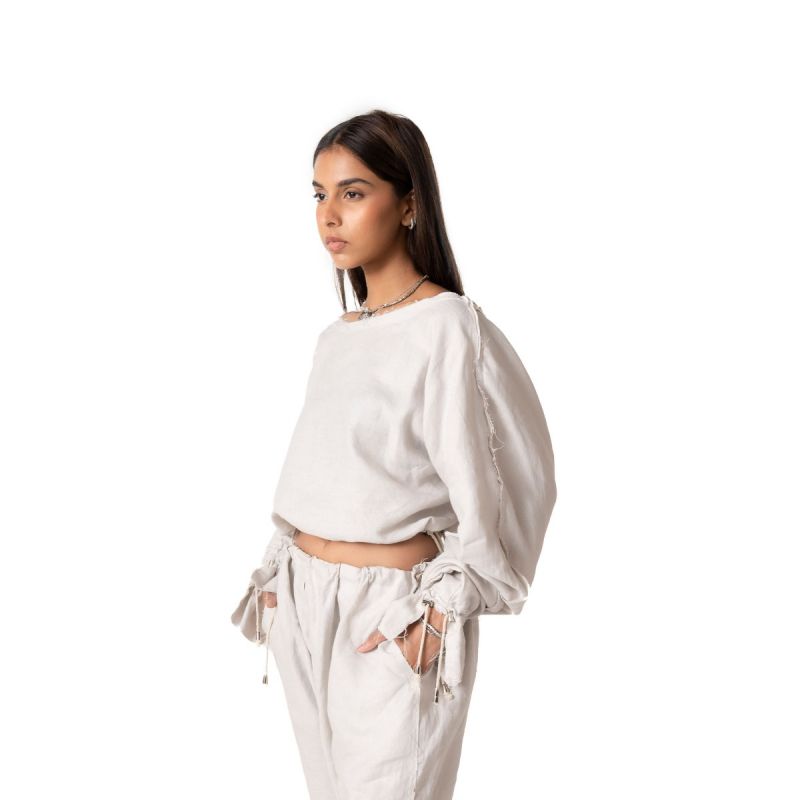 Crossover Back Linen Cropped Top - Greige