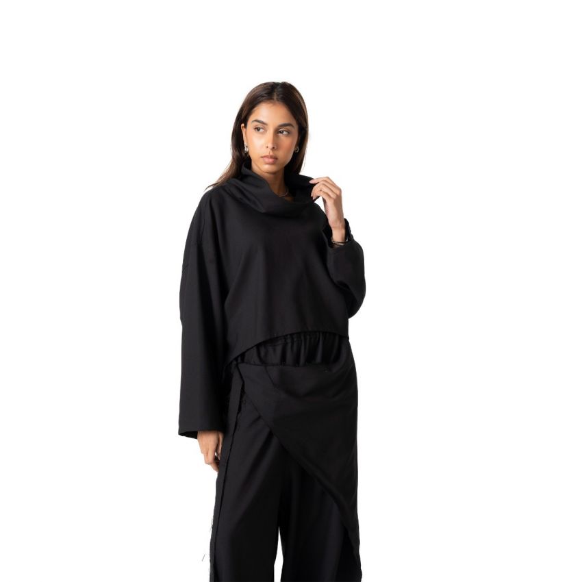 Draped Collar Long Sleeved Top - Black