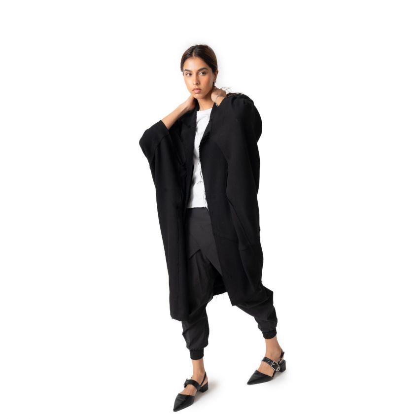 Cotton Open Front Bisht - Black