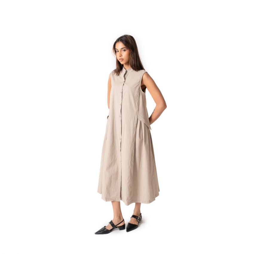 Airy Solid A-Line Midi  Dress - Beige