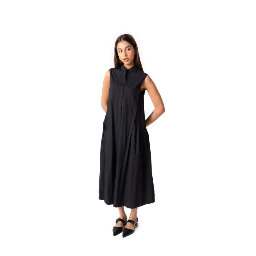 Airy Solid A-Line Midi  Dress - Black
