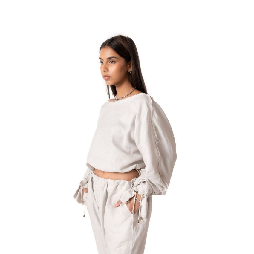 Crossover Back Linen Cropped Top - Greige