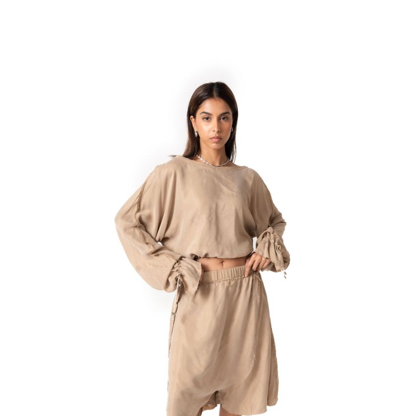 Crossover Back Silk Cropped Top - Beige