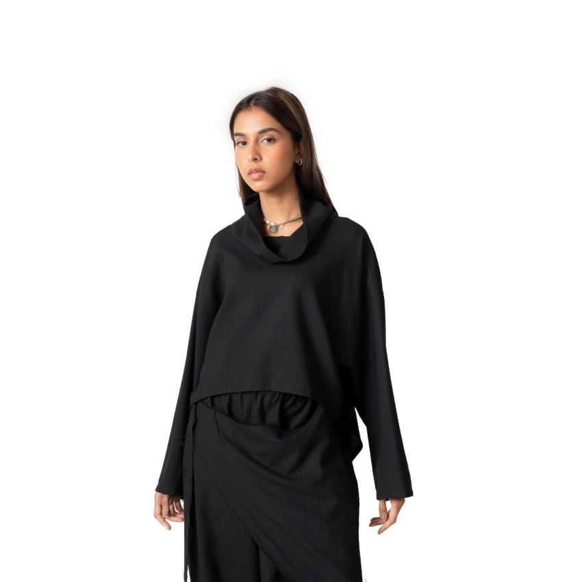 Draped Collar Long Sleeved Top - Black