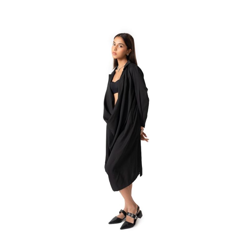 Cowl Neck Silk Midi Dress - Black