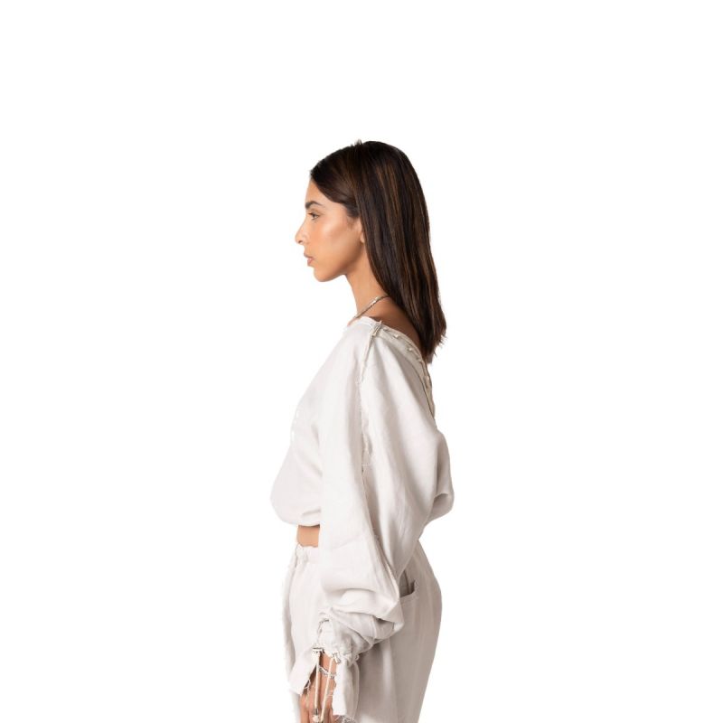 Crossover Back Linen Cropped Top - Greige